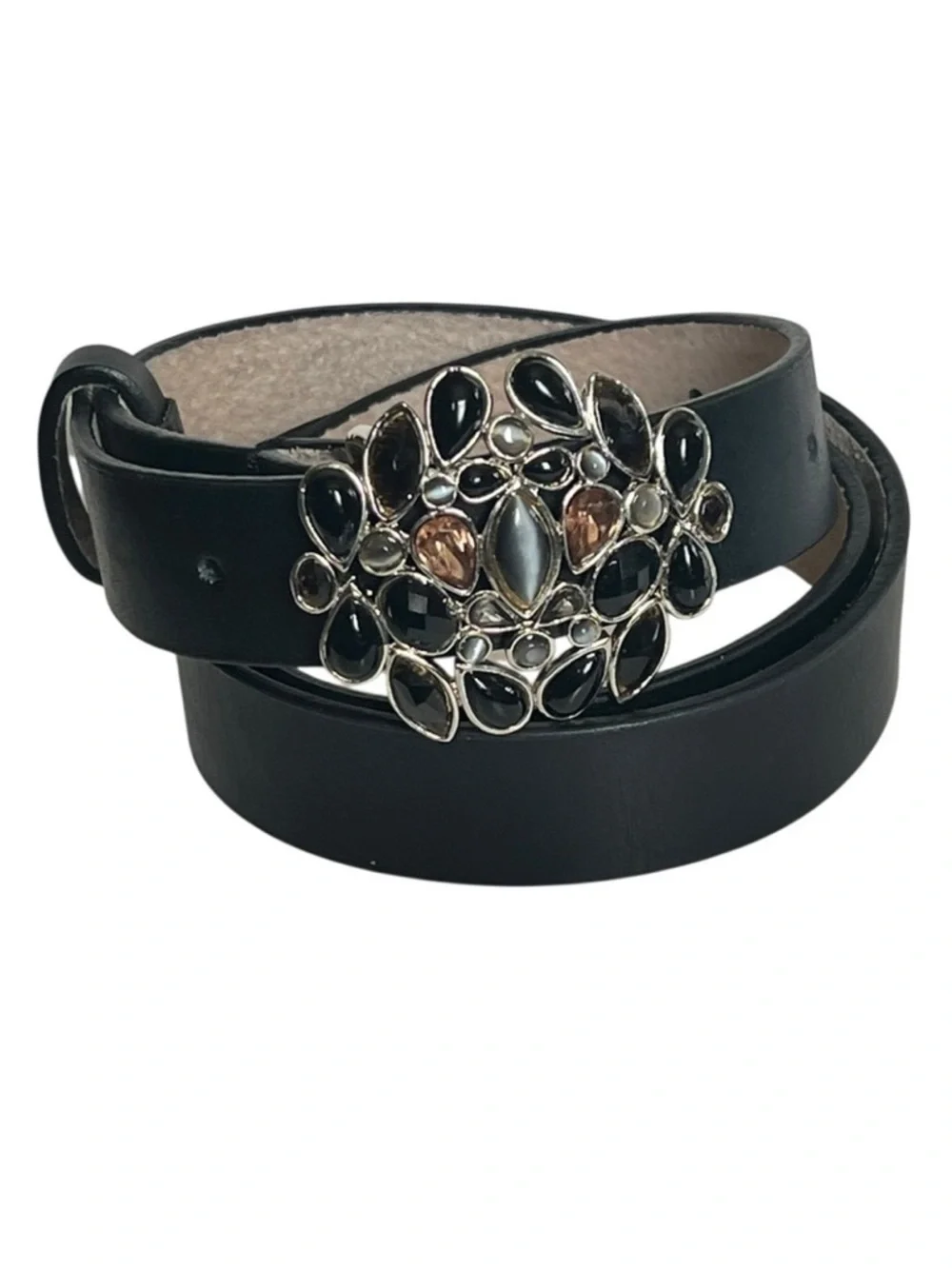 Vintage Liz Claiborne Genuine Leather Thin Black Belt Jeweled Buckle Boho Glam